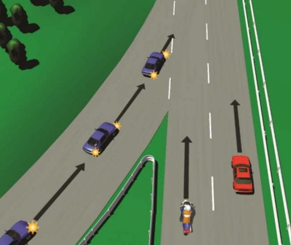 Traffic entering a main road from a merging lane with arrows showing direction